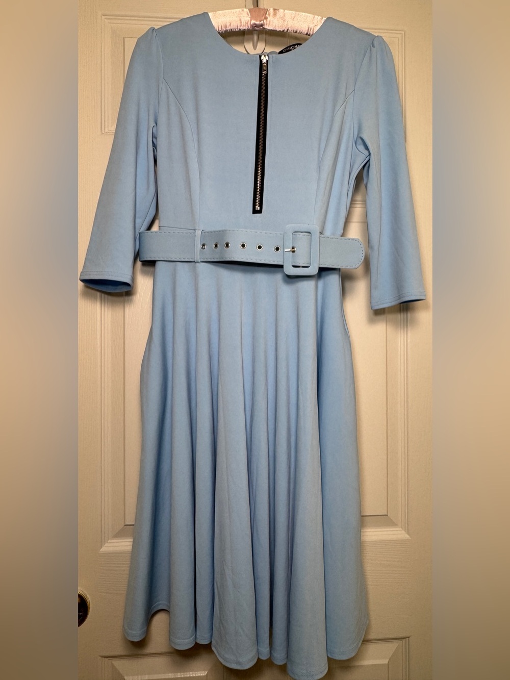 chic Powder Blue Midi Dress with Belt & Pockets